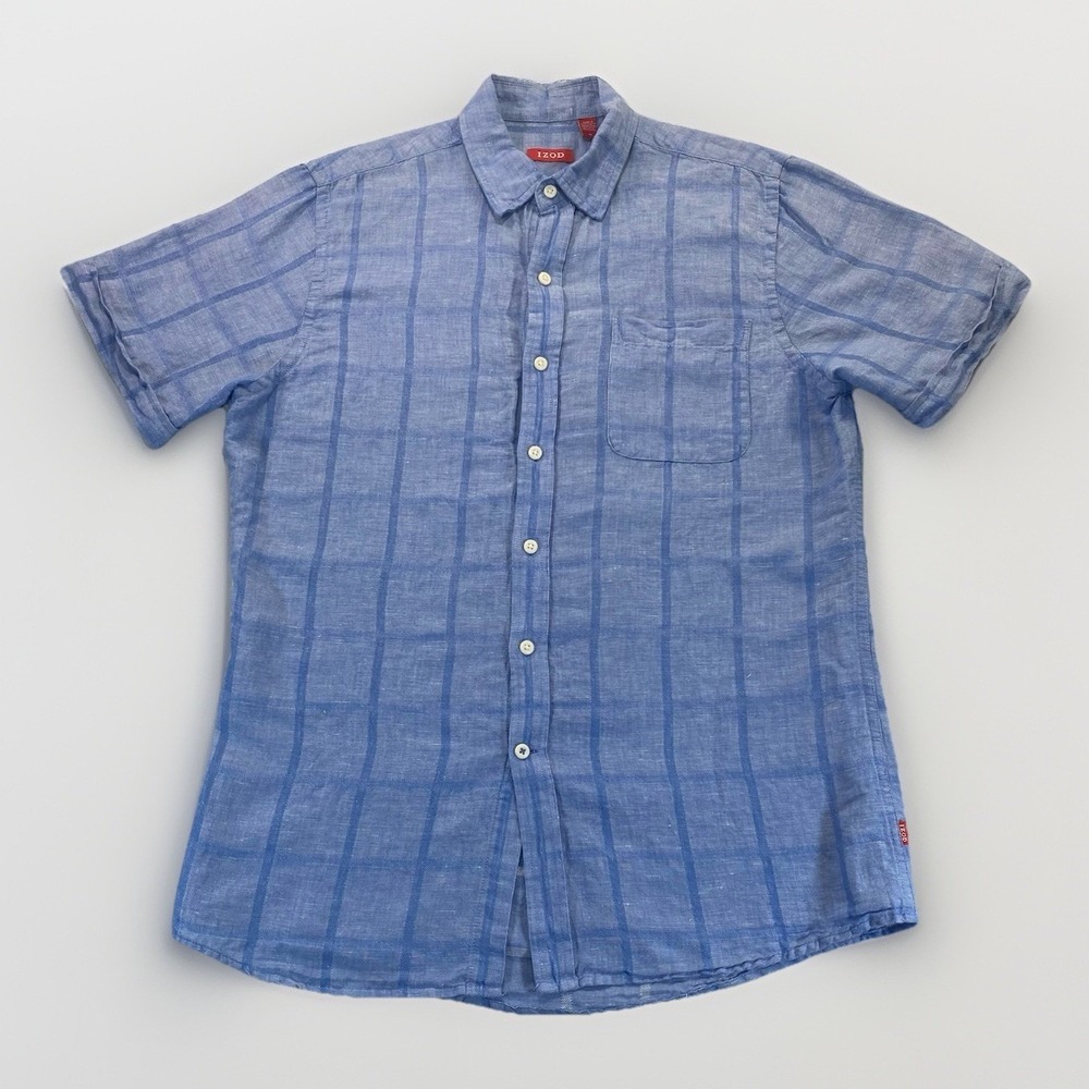 IZOD Mens M‎ Blue Check Linen Cotton Blend Button  Shirt S/S Preppy Resortwear